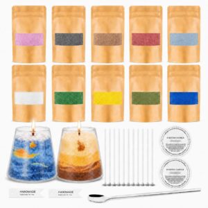 ZaejjaeY Candle Sand with Wick Set in 10 Colours with 2 Candle Jars, 10 Candle Wicks and Spoons, 500g Wax Granules for Candles, DIY Candles, Creative DIY Kit for Adults