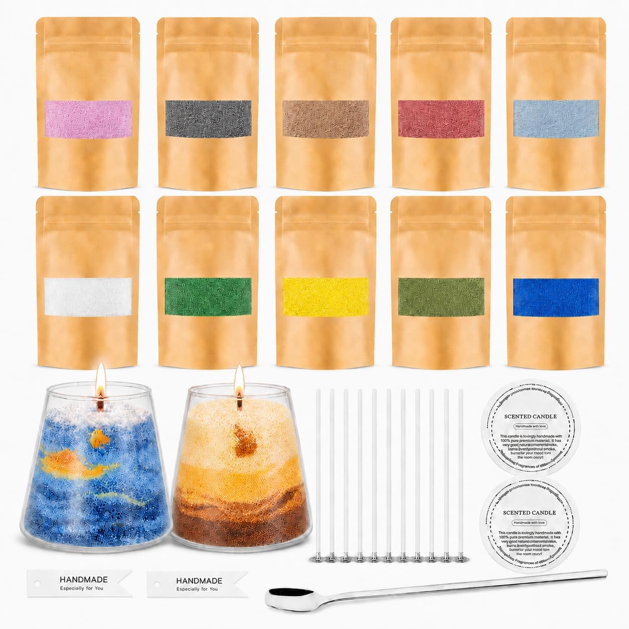 ZaejjaeY Candle Sand with Wick Set in 10 Colours with 2 Candle Jars, 10 Candle Wicks and Spoons, 500g Wax Granules for Candles, DIY Candles, Creative DIY Kit for Adults