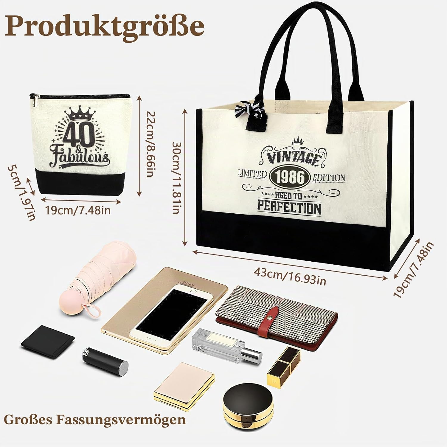 40. Geburtstag Geschenkset für Frauen, Vintage 1986 Canvas Tragetasche Set – Bild 2