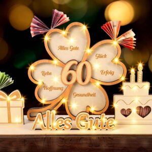 60th Birthday Woman – Wooden Money Gifts Packaging with Fairy Lights & Greeting Card, Gift & Decoration for 60th Birthday Woman, Birthday Gift for Men 60 & Women 60