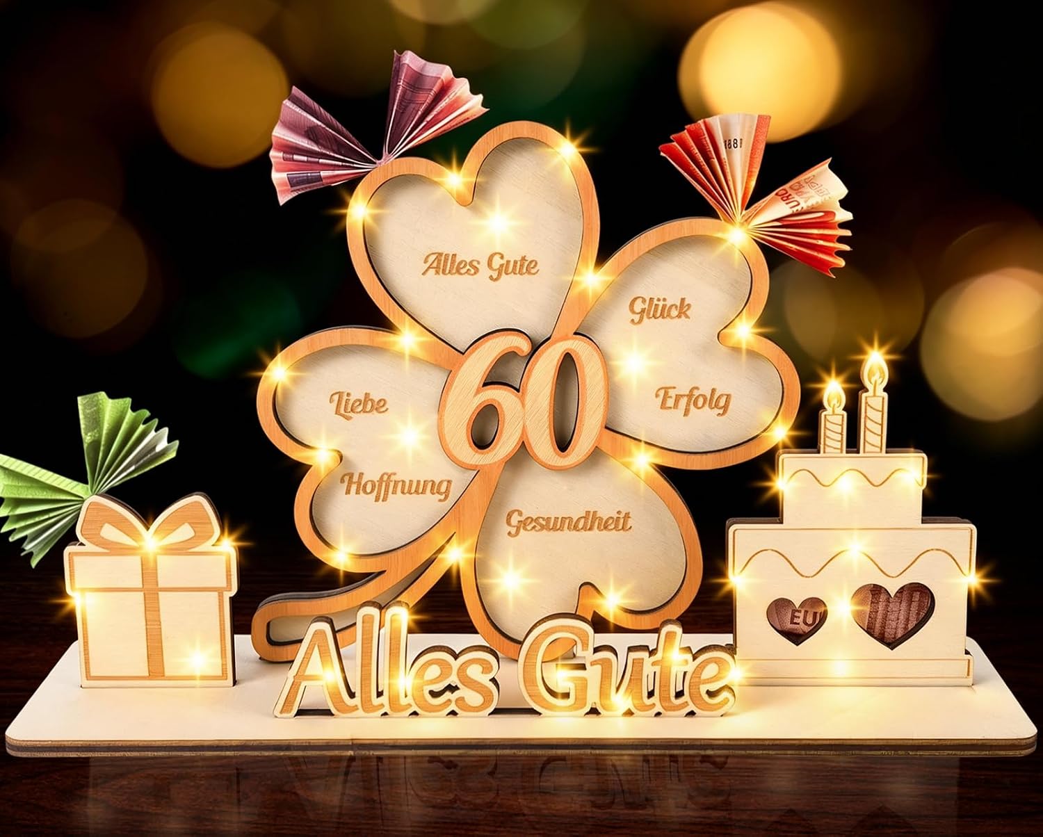 60th Birthday Woman - Wooden Money Gifts Packaging with Fairy Lights & Greeting Card, Gift & Decoration for 60th Birthday Woman, Birthday Gift for Men 60 & Women 60