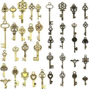 Pack of 40 Vintage Key Decoration, Antique Bronze/Gold Decorative Charms Pendants for DIY Necklace Pendants, DIY Keys, Birthday Party and Wedding Decoration
