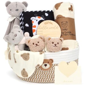 Baby Gift Basket, Newborn Gift Basket Set with Nappy Caddy Sensory Book, Baby Blanket, Swaddle Socks, Rattle, Bib, Milestone Cards, Baby Shower Gift Box for Boys, Girls, Unisex
