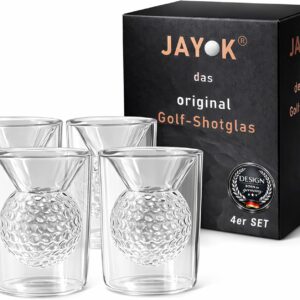 JAY K Golf Shot Glass 5cl - 3D Golf Ball Design in Glass - Double Walled Shot Glass - Premium Gift for Golfers Men Women & Golf Fans - Golf Shots Gift Idea Accessories, Pack of 4