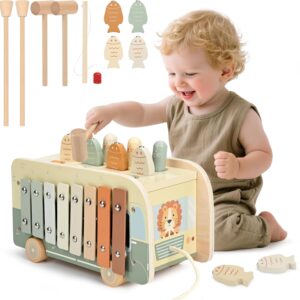 Vanplay Montessori Toy from 1 Year, 7-in-1 Hammer Game Fishing Game Magnetic Wooden Toy Motor Skills Toy, Xylophone Children 1 Year, Gift Children’s Toy from 1 2 3 Years Girls Boys