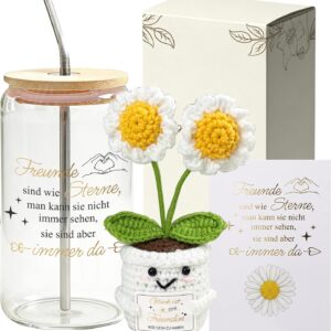 Gift Set for Women – 500 ml Glass Drinking Cup with Crochet Flower, Greeting Card & Gift Box – Loving Gift for Girlfriend & Memorable Surprise