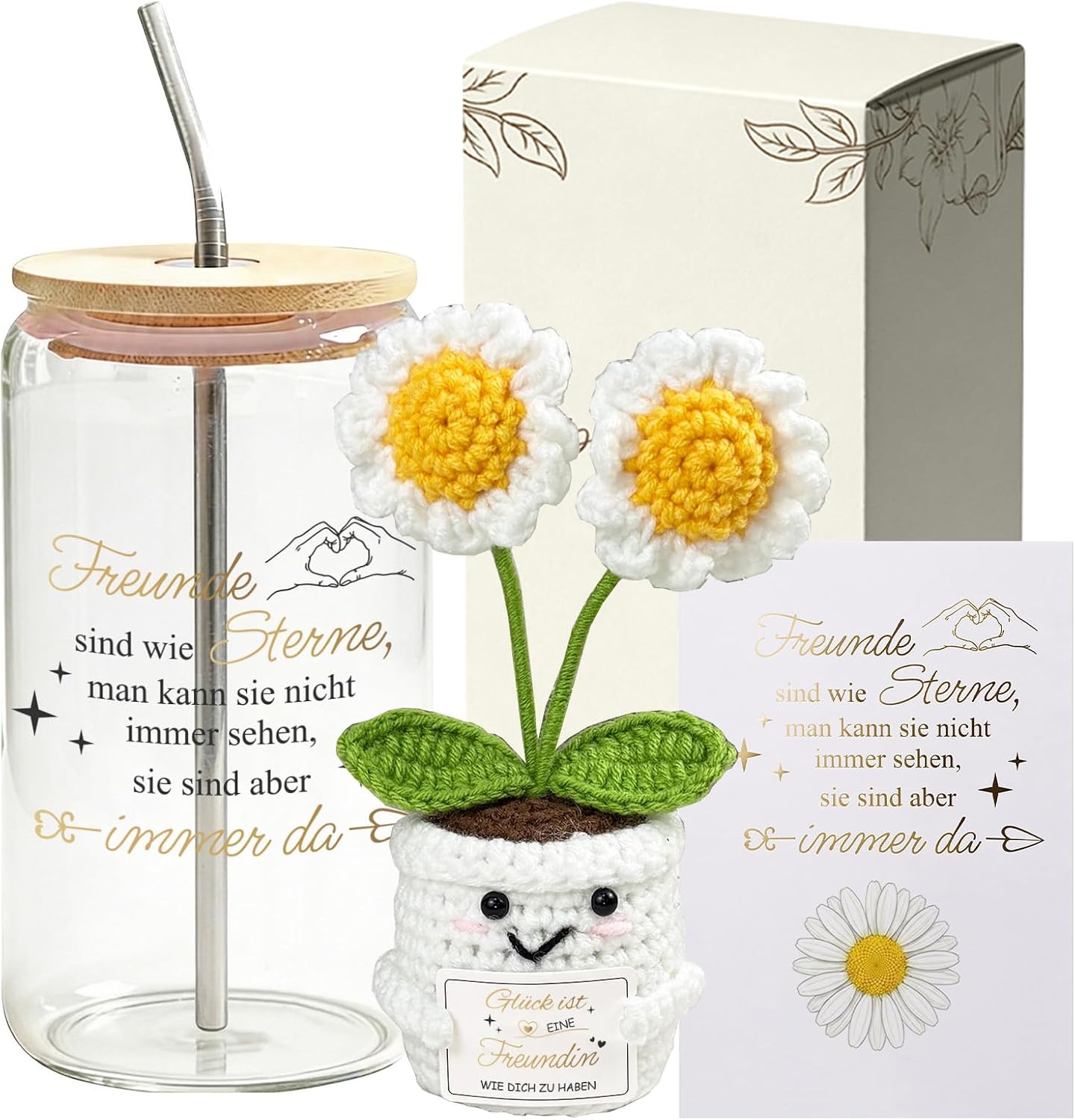 Gift Set for Women - 500 ml Glass Drinking Cup with Crochet Flower, Greeting Card & Gift Box - Loving Gift for Girlfriend & Memorable Surprise