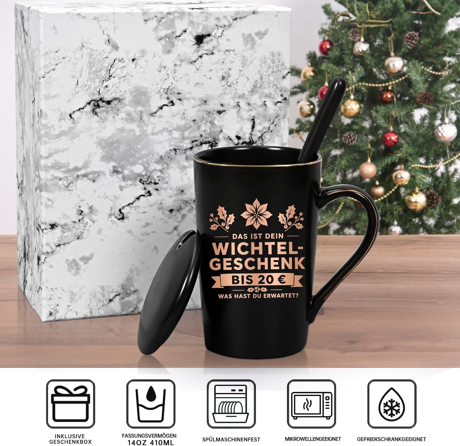 Kaffeetasse Wichtelgeschenk 20 Euro, Wichtelgeschenke für Männer und Kollegen, Geschenk bis 20 Euro zu Weihnachten, 400 ml Keramik Marmorbecher mit Deckel und Löffel, Lustige Geschenkidee – Bild 2