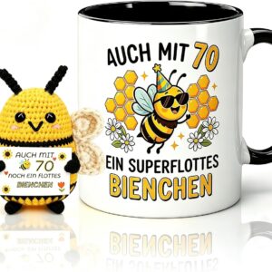 70th Birthday Mug for Women, Gift 70th Birthday Woman with Positive Potato Bee, Pocket Hug Positive Lucky Charm Bee, Printed on Both Sides Ceramic Mug 350 ml