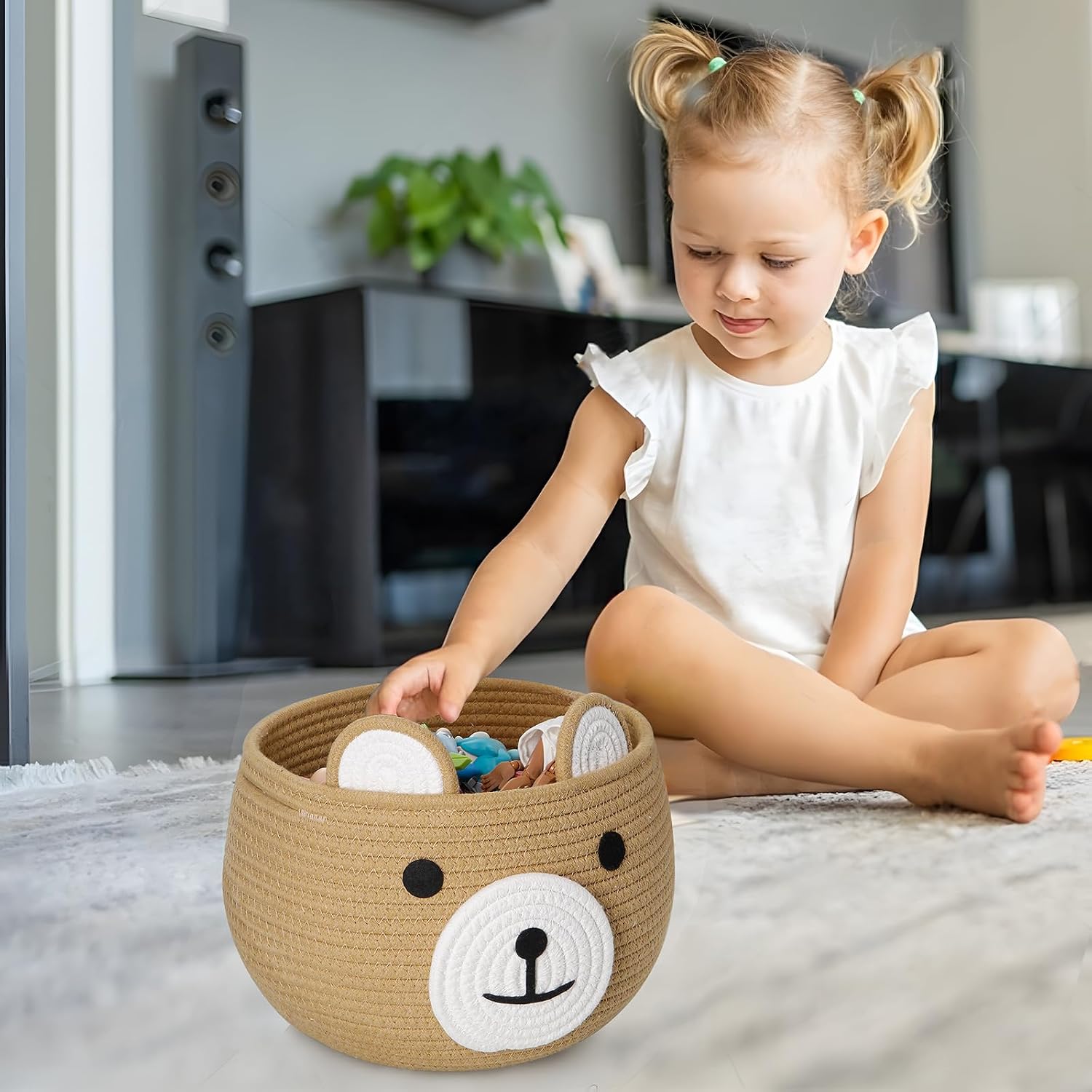 PandaEar Babykorb aus Baumwollseil, Baby-Geschenkkorb, Kinderzimmer, Wäsche-Organizer mit niedlichem Bären-Design zur Aufbewahrung von Säuglings- und Neugeborenen-Essentials, Windelkorb mit Griff – Bild 5