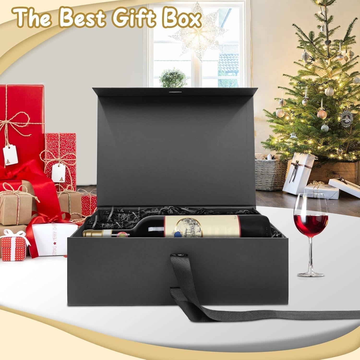 Black Luxury Large Magnetic Gift Box, 32.5 x 23 x 10.5 cm with Ribbon, Paper & Greeting Card, Party Favour Box for Wedding, Birthday & Mother's Day – Bild 5