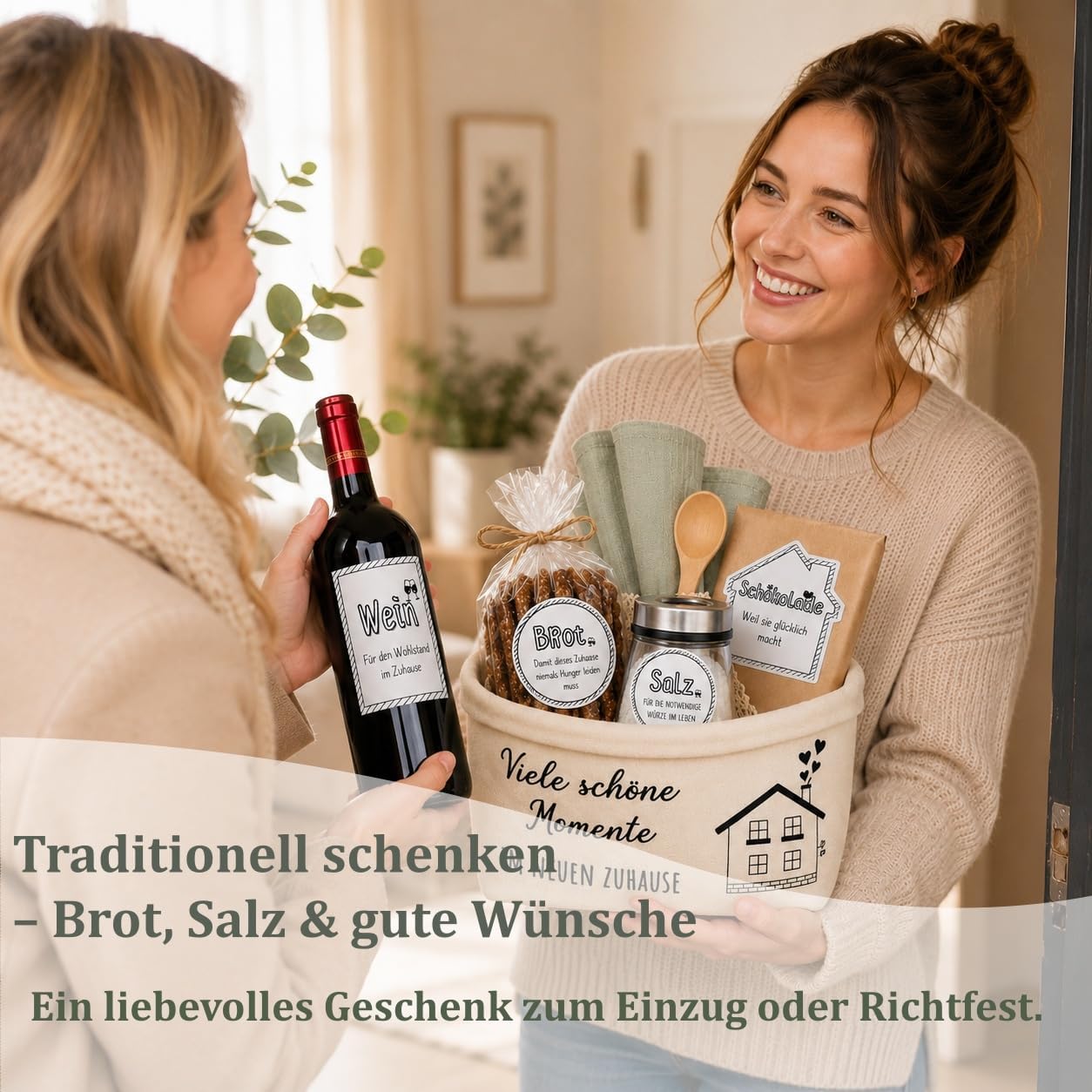 Housewarming Gift - Bread and Salt Set Housewarming Gift for Home & Apartment with Bread Basket, Tea Towel, Cooking Spoon & Sticker Including Greeting Card - Housewarming Gift for Topping Out Many – Bild 6