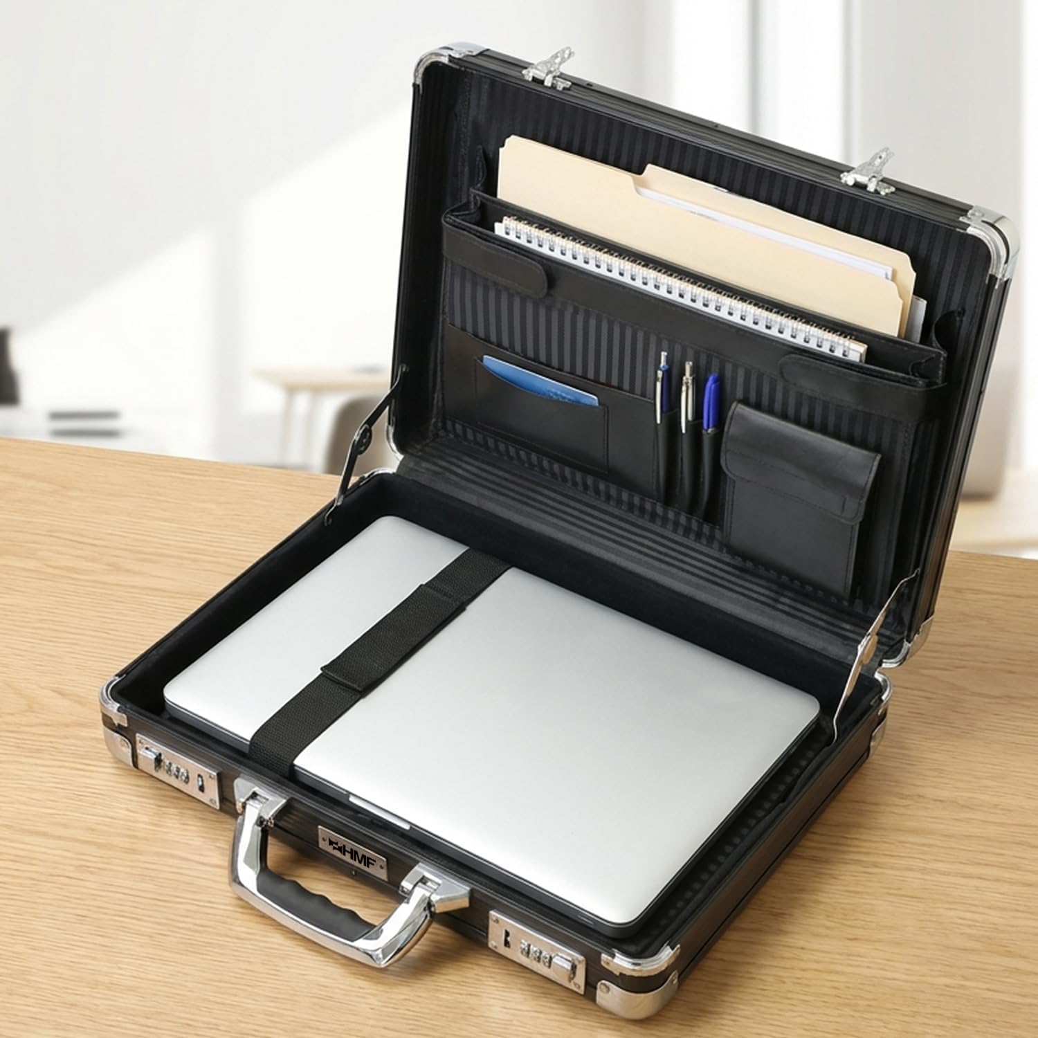 HMF Aluminium Briefcase for Laptops up to 17.3 Inches, Men's Business Case with Combination Lock, Padded Laptop Compartment and Organiser in Lid, 45 x 33 x 11 cm, Black – Bild 3