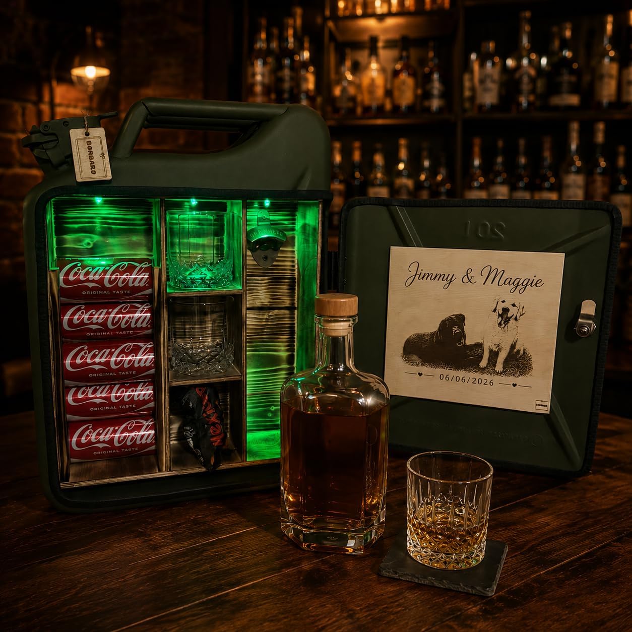 20L Canister Mini Bar Premium I Maximum Personalised with Engraving & LED Lighting I 2 Whisky Glasses I Jerrycan I Mobile Canister Bar Gift for Men I Lockable Mini Bar – Bild 4