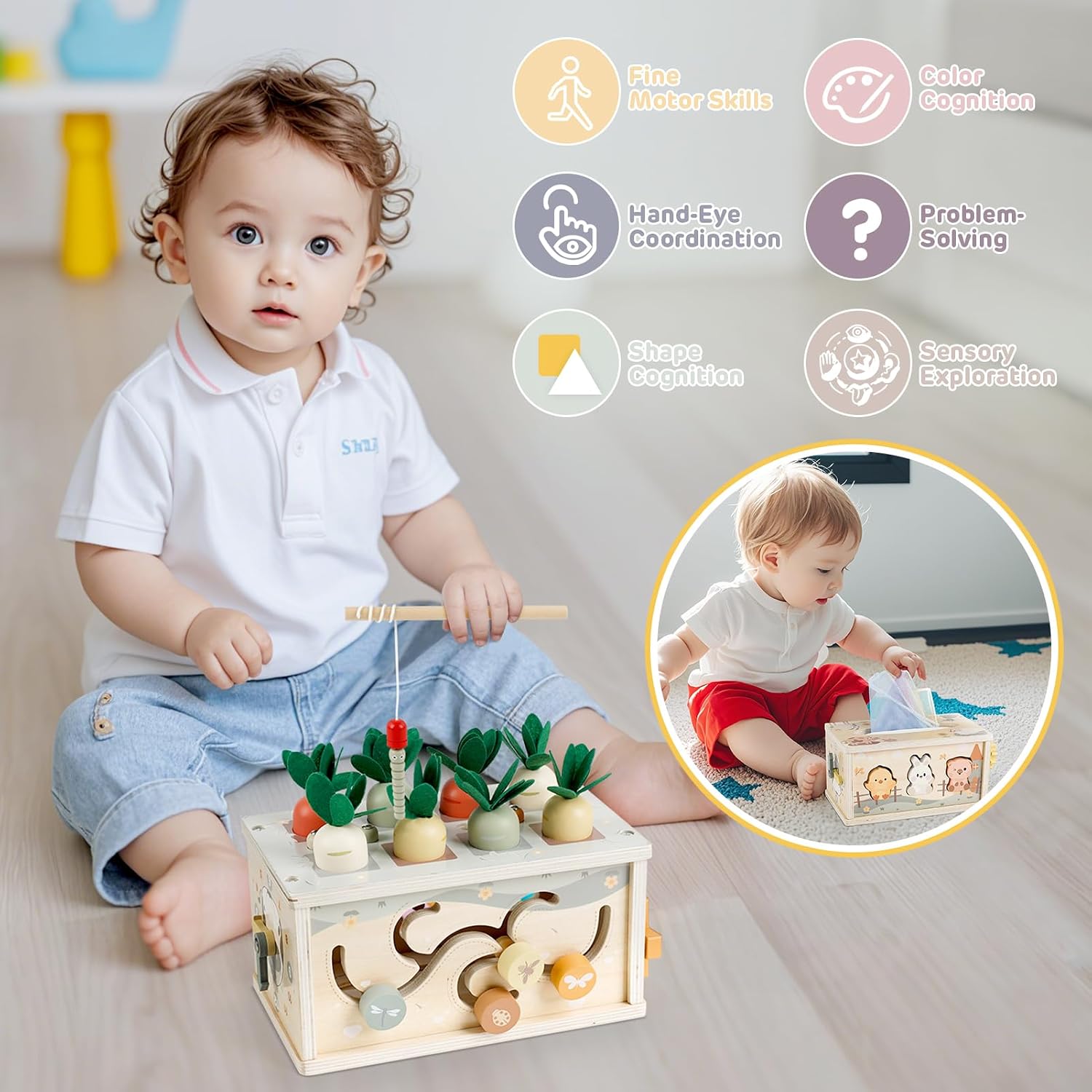 Vanplay Montessori Toy Baby 12 Months, 6-in-1 Tissue Box, Baby Toy from 1 Year, Wooden Toy, Motor Skills Toy from 1 2 3 Years, Girls Boy, Gift Child 1 Year – Bild 3