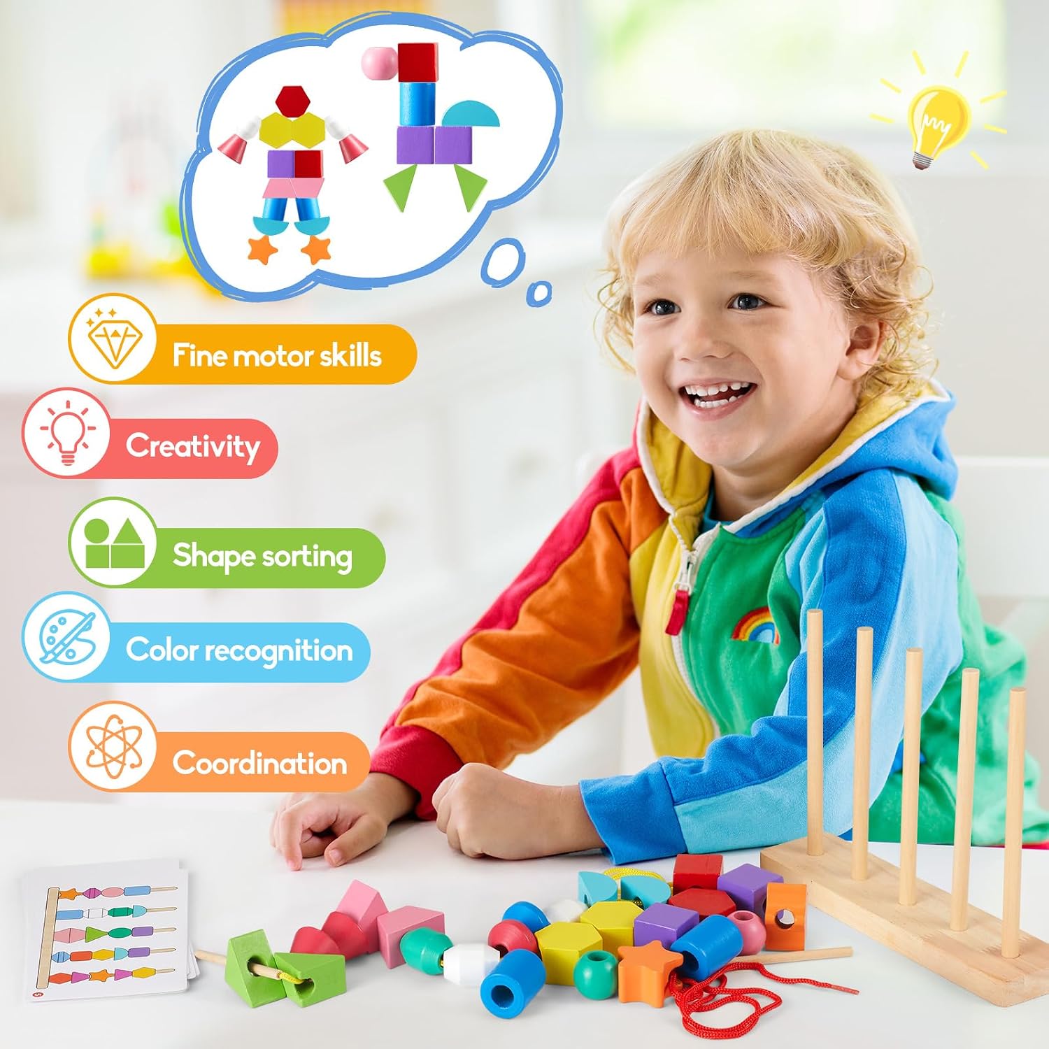 Montessori Toy from 3 4 5 Years Motor Skills Toy Threading Game Building Blocks Sorting Game for Children, Wooden Stacking Game Fine Motor Skills Educational Games Gift for Baby Boy Girl – Bild 7