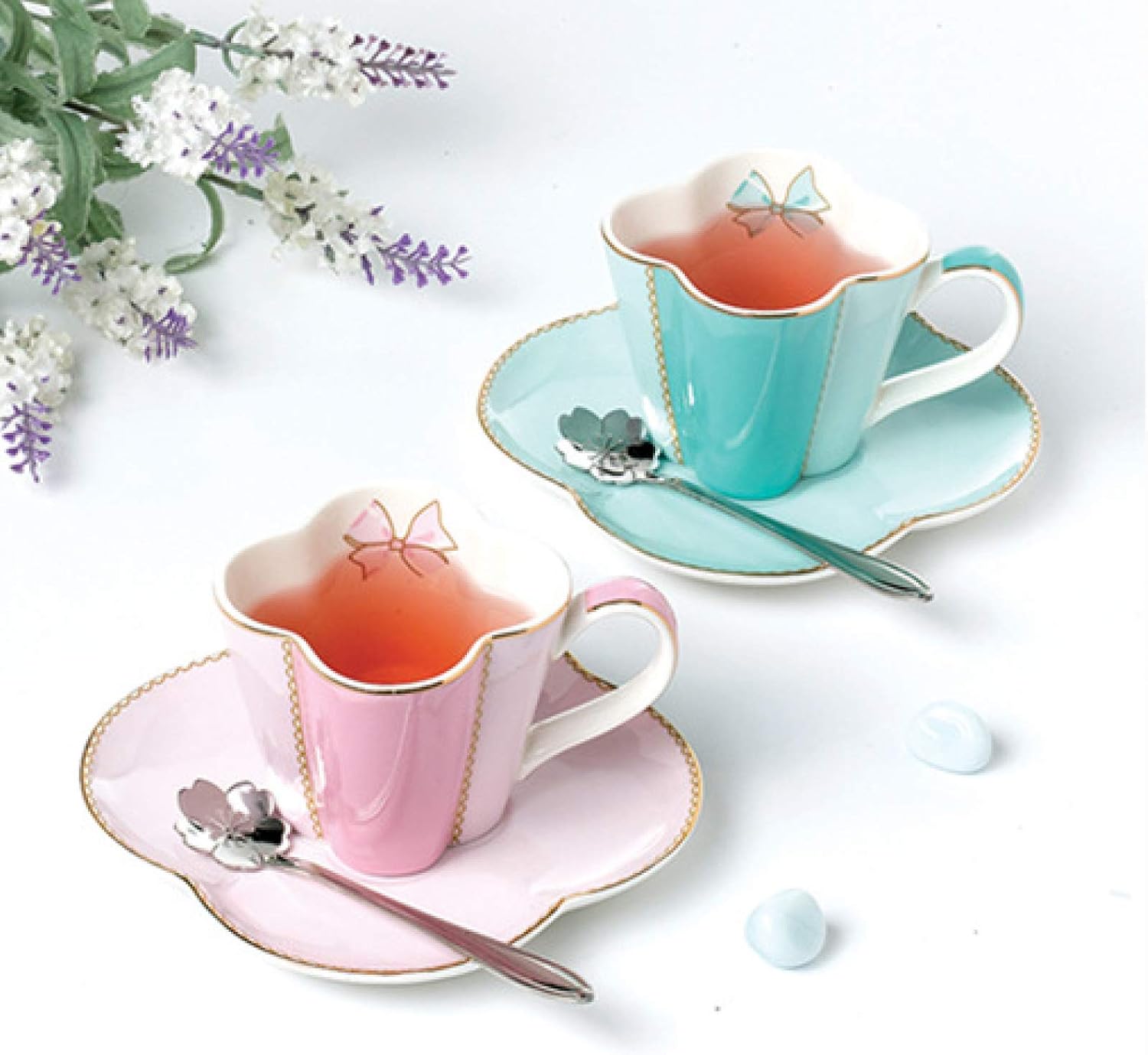 Porcelain Ceramic Coffee Tea Gift Sets Coffee Cup for 4 Series Bone China Teapot with Tea Cups and Teaspoons Birthday Wedding Gifts, Pink – Bild 5