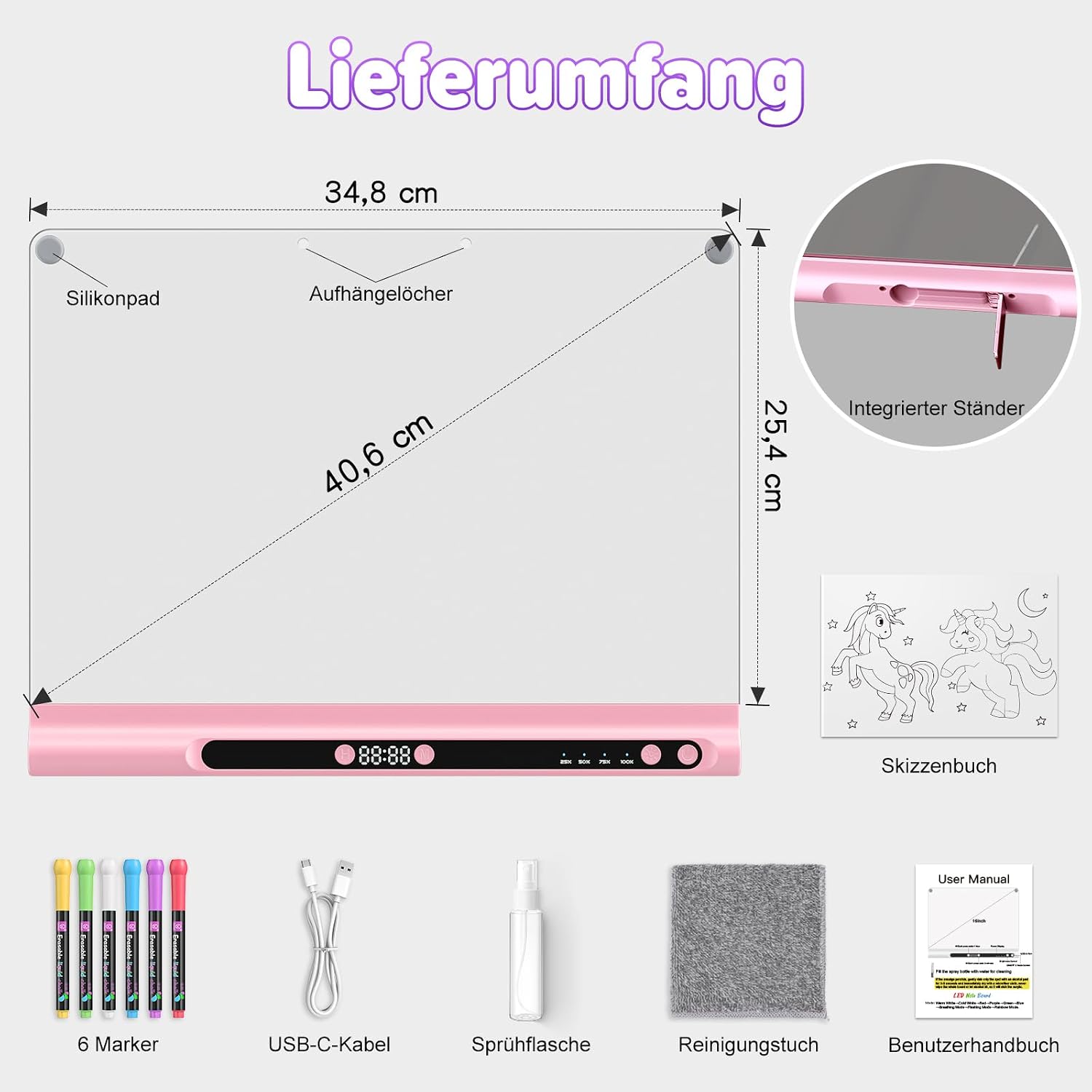 Geokay LED Drawing Board for Children, Rechargeable LED Painting Board 41 cm, 9 Light Modes with Timer & Stand, LED Drawing Board for Girls & Boys, 8 Pens & Template Book, Pink – Bild 8