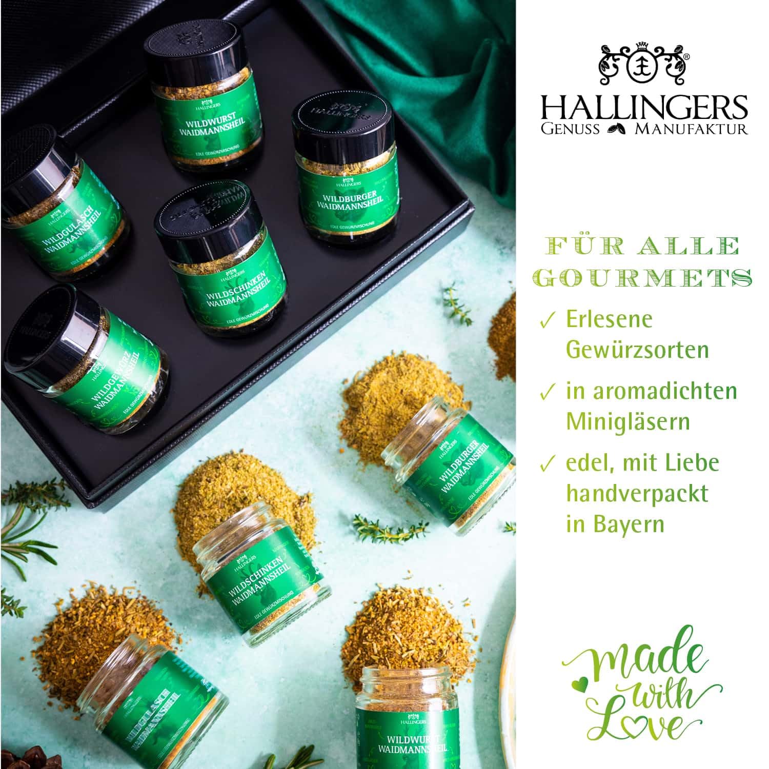Hallingers Genuss Manufaktur Spice Hunter Gift Set – 5 Spices from around the World in High-Quality Gift Box with Recipe Booklet "Waidmannsheil", Hunting Gift Idea for Hunters – Bild 3