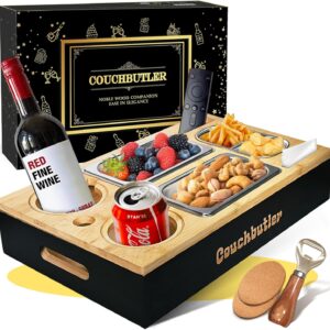 Couch Bar Snack Box, Couch Tray with Gift Box, Couch Butler, Sofa Tray with 2 Snack Bowls, Drink Holder, Snack Bar Organiser with Bottle Opener, Gifts for Men, Birthday (Black B)