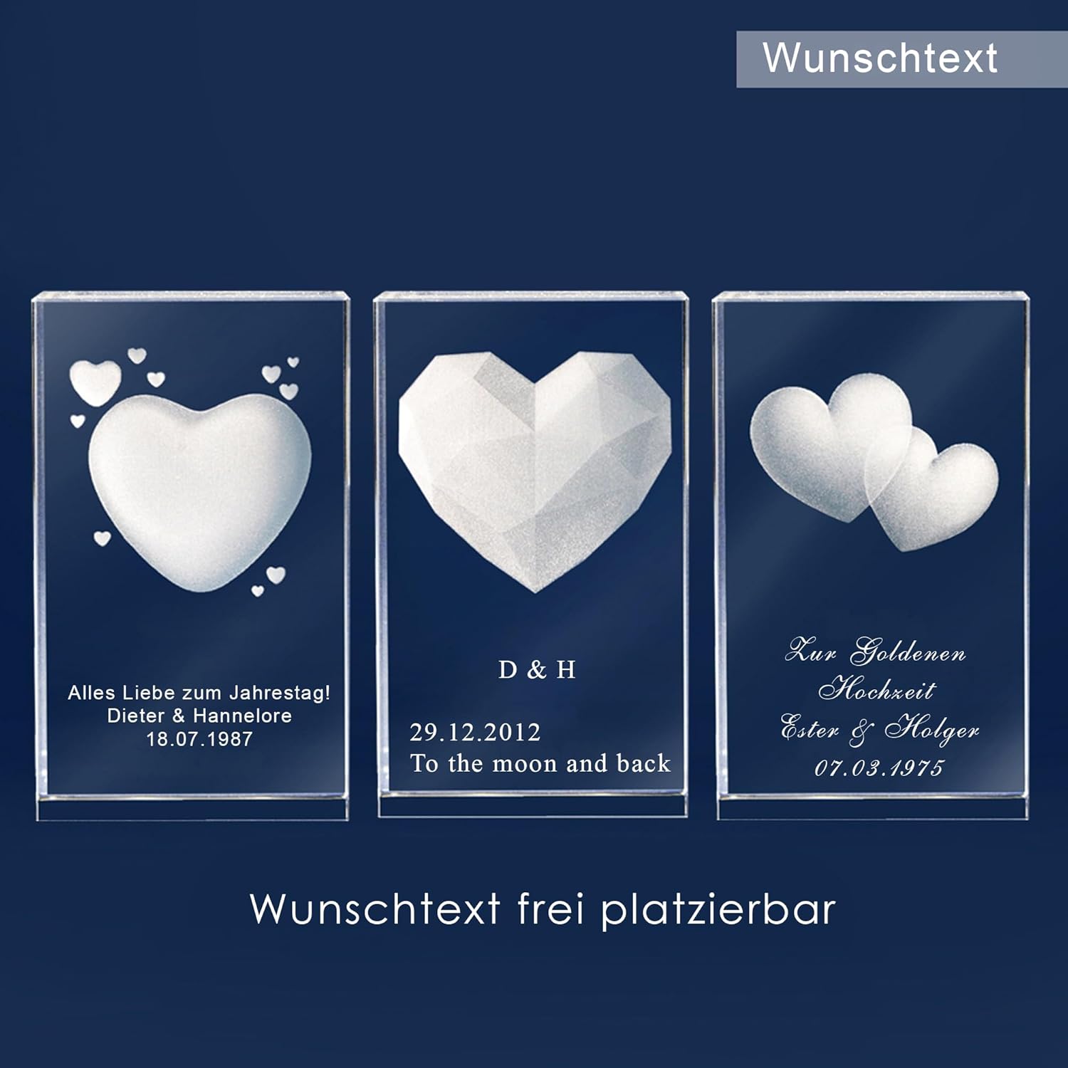 3D Glass with Heart Motif and Name of Choice Engraving and Date Love Gift (Without Light Base, S - 50 x 45 x 80 mm) – Bild 6