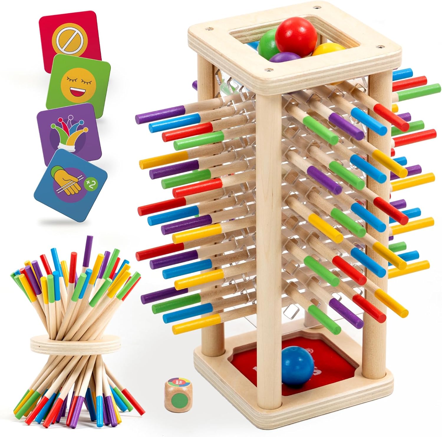 Nene Toys Ballfall, Montessori Toy from 3 4 5 6 Years - Wooden Game for Children - Educational Game with Sticks, Dice & Cards - Educational Board Game - Great Gift Girls Boys from 3-9 Years