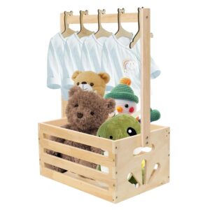 Baby Shower Gift with Handle, Baby Storage Basket with 5 Children's Hangers, Wooden Baby Gift Basket, Newborn Baby Basket for Pregnant New Parents, Ideal for Nappies, Clothes and Toys