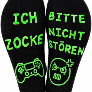 Funny Gaming Socks Gamer Gift with Saying „Bitte Nicht Stören Ich Zocke Fun Gaming“ Socks Novelty Cotton Winter Socks Non-Slip House Socks Men Women Teenager Birthday
