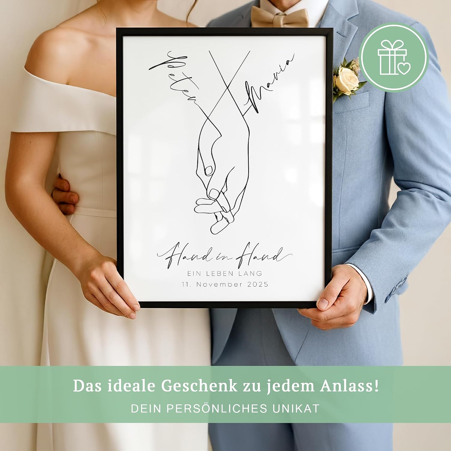 JUHMI Personalised Wedding Gift | Wedding Poster with Name, Saying & Date | Gift for Wedding, Engagement or Anniversary | Individual Couple Picture for Bride and Groom & Partner | DIN A4 – Bild 7