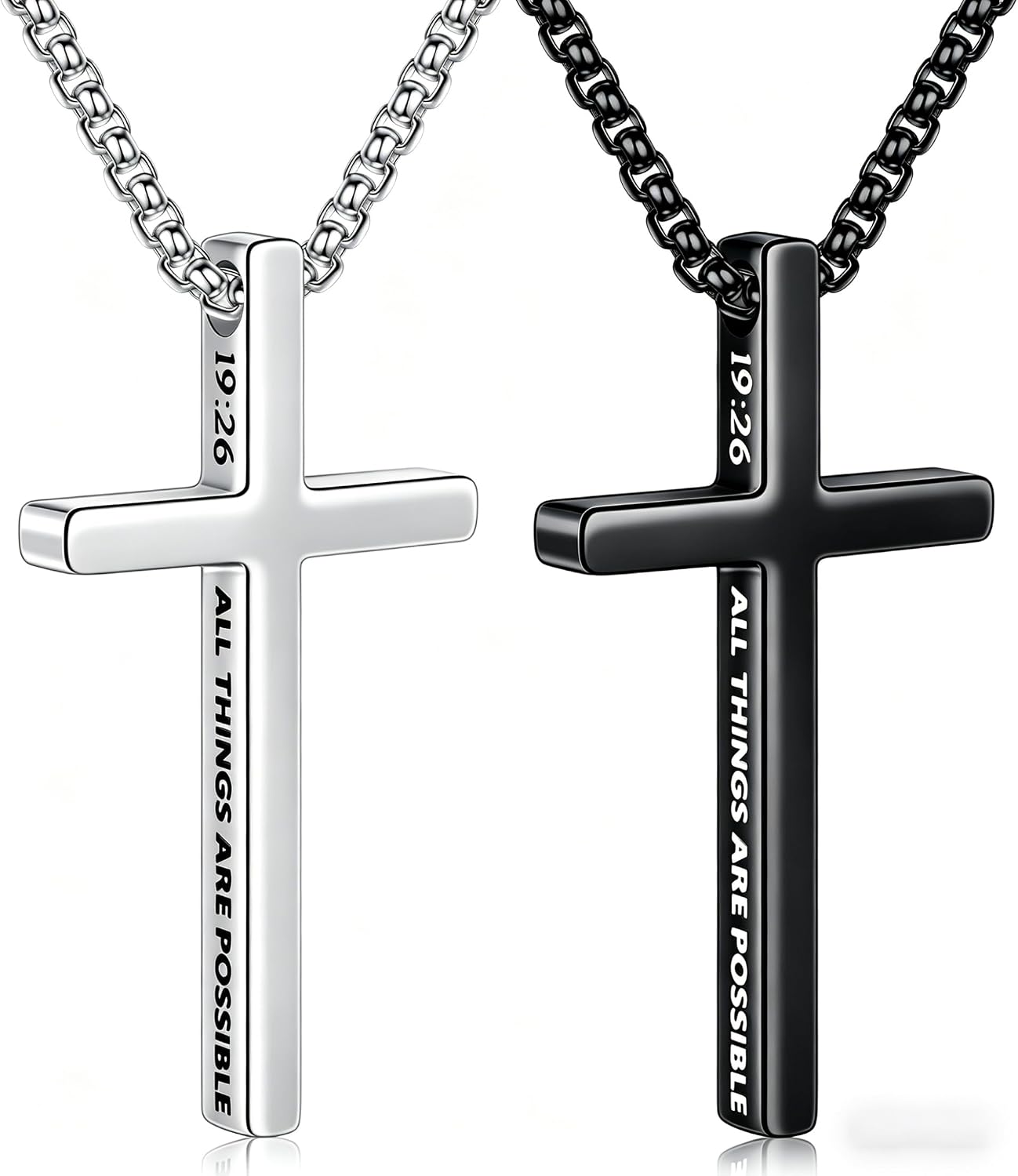 M MOOHAM 2pcs Stainless Steel Cross Necklace Set for Men Silver Black Heavy Duty Cuban Snake Chain Jewelry Valentine's Day Gift for Men Teens