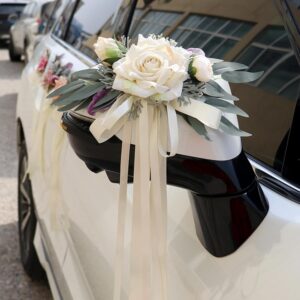 Pack of 2 Wedding Car Decorations, Wedding Car Bows, Vintage Wedding Artificial Flower with Suction Cups for Car Rear View Mirror (Milky White)