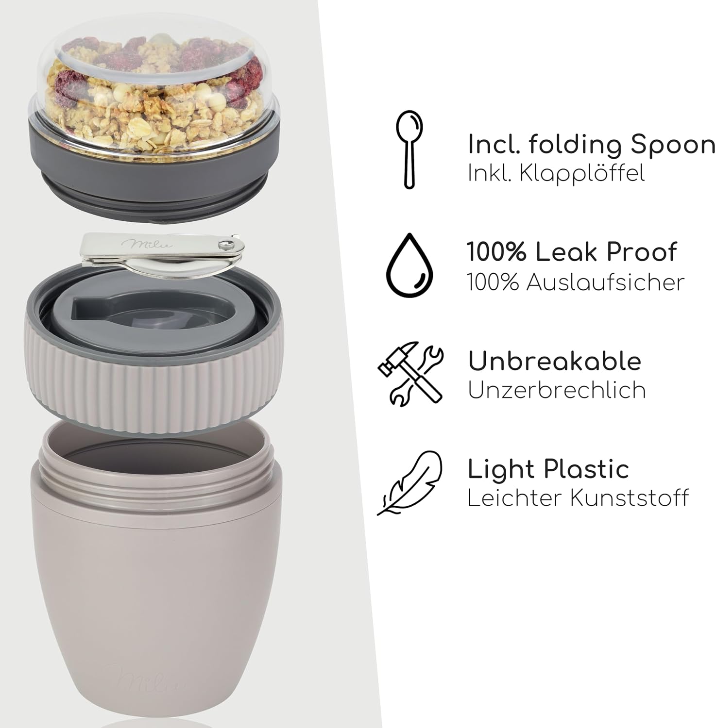 Milu Cereal Cup to Go, 400 ml, MüsliMax, Plastic Yoghurt Cup for Cereal, Leak-Proof Cup with Spoon for Yoghurt/Porridge (Taupe Grey) – Bild 3