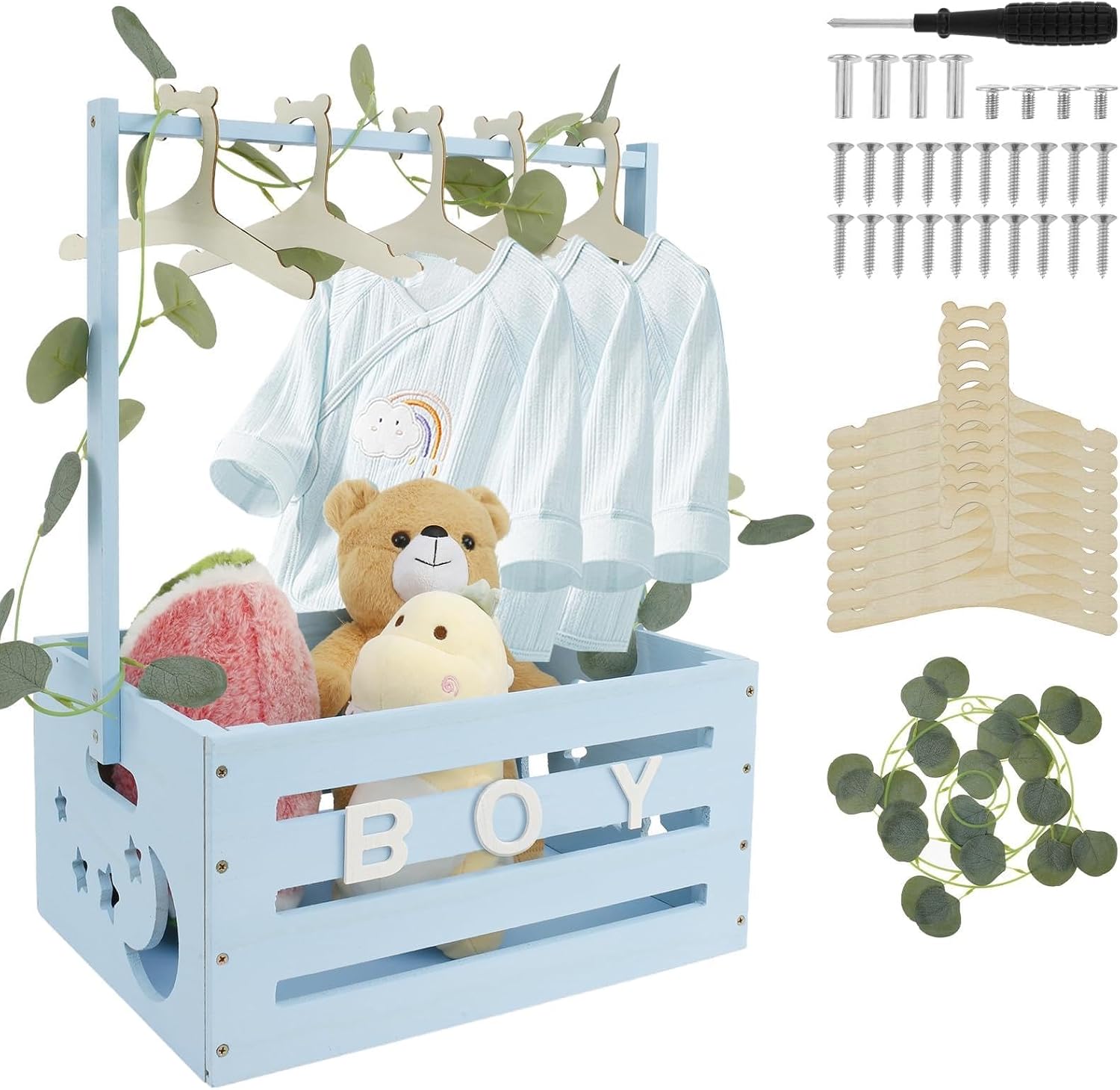Baby Basket with Handle, Wooden Baby Shower Cupboard, Practical Wooden Box for Baby Shower with Pole, Cabinet for Baby Shower Boxes, Wooden Laundry Basket, Children's Wooden Baby Shower Gift (Blue)