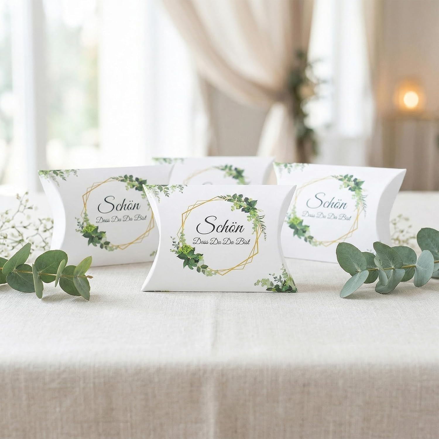 Pack of 50 Wedding Favour Cushion Boxes with German Text "Schön Dass Du Da Bist", Cardboard Gift Box for Sweets, Wedding Table Gifts, Christening Gifts and Communion – Bild 5