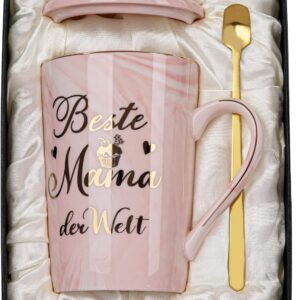Gifts for Mum, Best Mum in the World Mug, Fun Mum’s Birthday Gift, 400 ml, Pink Marble Cup with Gold Print, Lid, Spoon, Greeting Card, Elegant Gift Box