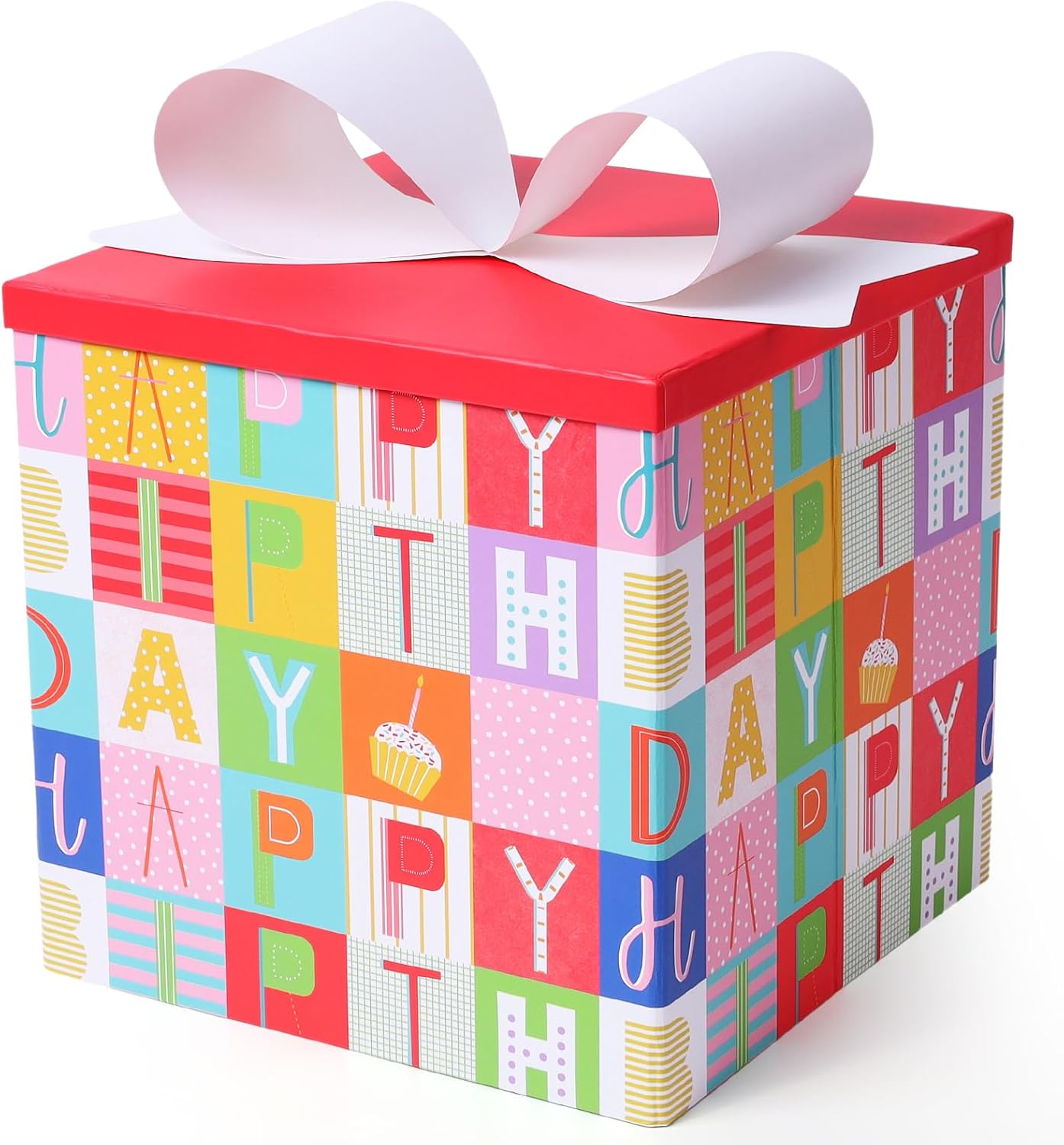BIOBROWN Medium Gift Boxes with Lids 22 x 22 x 22 cm Colourful Block Design Foldable Ideal for Birthdays, Baby Showers and Other Celebrations
