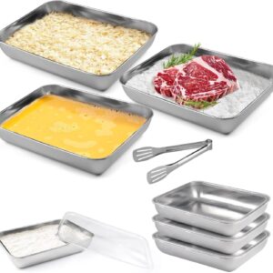 Breading Bowls Set of 3, 25 x 20 x 5 cm, Stainless Steel Rectangular Bowl, Breading Street Set, Breading Street with Lid, with Breading Pliers, Stackable, Metal Gastro Container for Cutlets, Meat