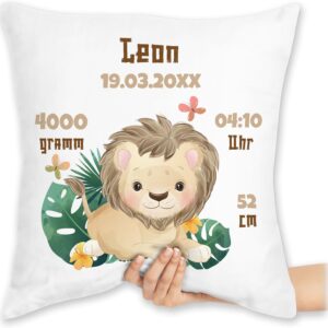 Cushion 40 x 40 cm Decorative Cushion - For Birth - Birth Gift Lion Date Weight Time Size - 40 x 40 cm - White - Baby Personalised Baby Gift Newborn Data Cushion Cover Lion Birth Pillow