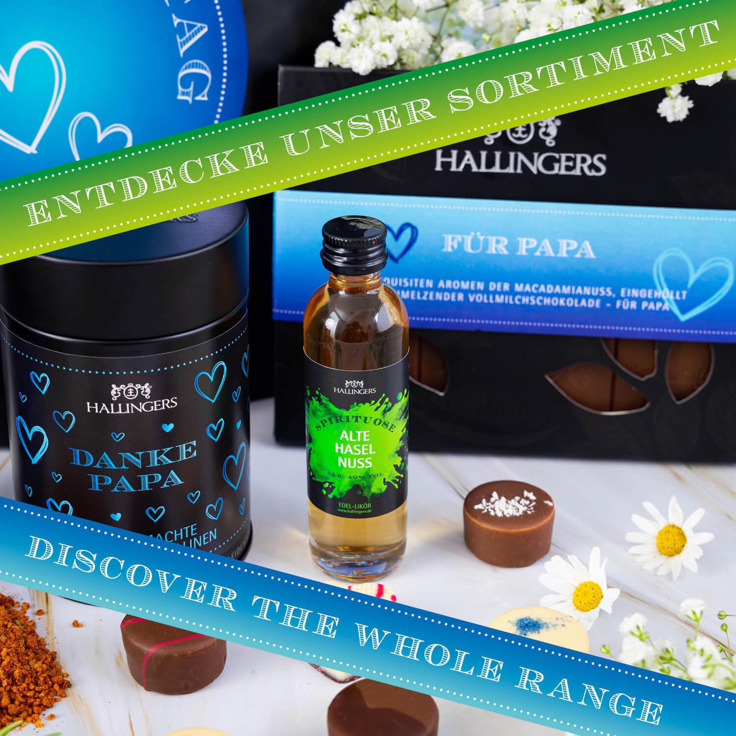 Hallingers Genuss Manufaktur Feinkost Father's Day Gift Set - XXL Wonder Bag "Zum Vatertag" Large Hazelnut Liqueur, Barbecue Spice, Chocolates & Chocolate, Gift Idea for Dad Grandpa – Bild 4
