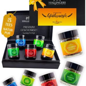 Hallingers Genuss Manufaktur Tea Congratulations Gift Set – 5 Varieties Premium Loose Tea Tasting Set in Elegant Gift Box with Recipe Booklet „Herzlichen Glüc…“, Gift Idea for Men and Women