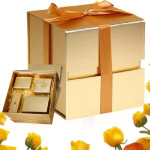Gold Gift Box 22 x 22 x 22 cm, Gift Box with Lid, Premium Gift Box, Gift Wrapping Birthday with Gift Ribbon, for Weddings, Valentine’s Day, Birthdays, Anniversaries, Christmas