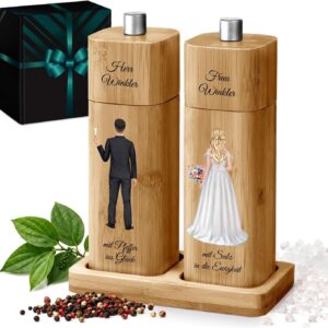 Maverton Bamboo Salt and Pepper Mill with Print - Wedding Gifts for Bride and Groom - Personalised Gifts for Couple - Gift Wedding - with Bamboo Stand and Ceramic Grinder
