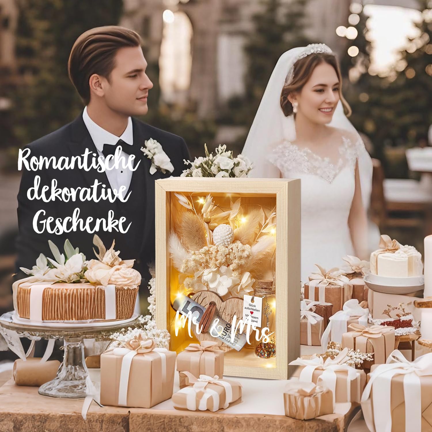 Wedding Gifts for Newlyweds, Money Gifts, Wedding, Love, Romantic Gift for Her, Includes Eternal Flowers, Wooden Box, Plastic Test Tube, Fairy Lights, Key Gift Box – Bild 5