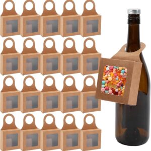 NICENEEDED Pack of 20 Kraft Paper Wine Bottle Boxes with Transparent Window Hanging Foldable Wine Bottle Holder Empty Gift Box for Valentine’s Day Sweets Chocolate Biscuits