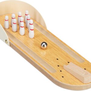Relaxdays natural table bowling, mini bowling alley, set of 10 pins, skill game, for adults & children from 3 years, wooden table bowling