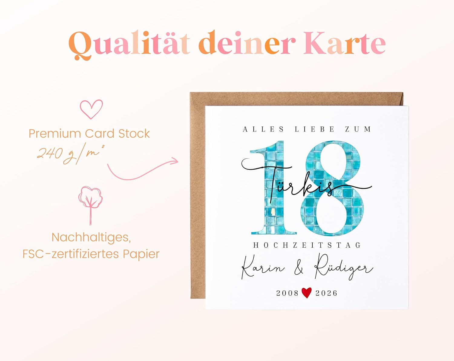 18th Wedding Anniversary Gift Turquoise Wedding Card Premium Congratulations Card Turquoise Wedding Folding Card for 18th Anniversary Personalised with Name Wedding Anniversary – Bild 5