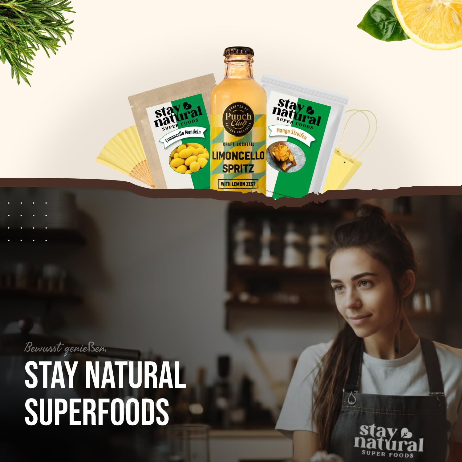 Stay Natural Summer Package "Lemon" - Gift Set with Limoncello Splash, Limoncello Almonds, Mango Stripes, Fans & Carry Bag, Delicatessen Gift for Summer, Picnic & Holiday – Bild 7