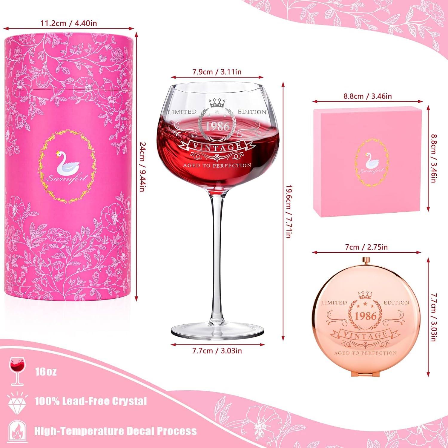 40th Birthday Woman Gift 1986 - Wine Glass Set with Box & Mirror – Bild 6