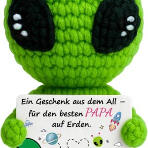 Original Dad Gift & Birthday Gift for Dad from Space, Hand Crocheted Green Alien Plush with Card „Besten Papa auf Erden“, Funny Father’s Day Gift, Cute & Unique