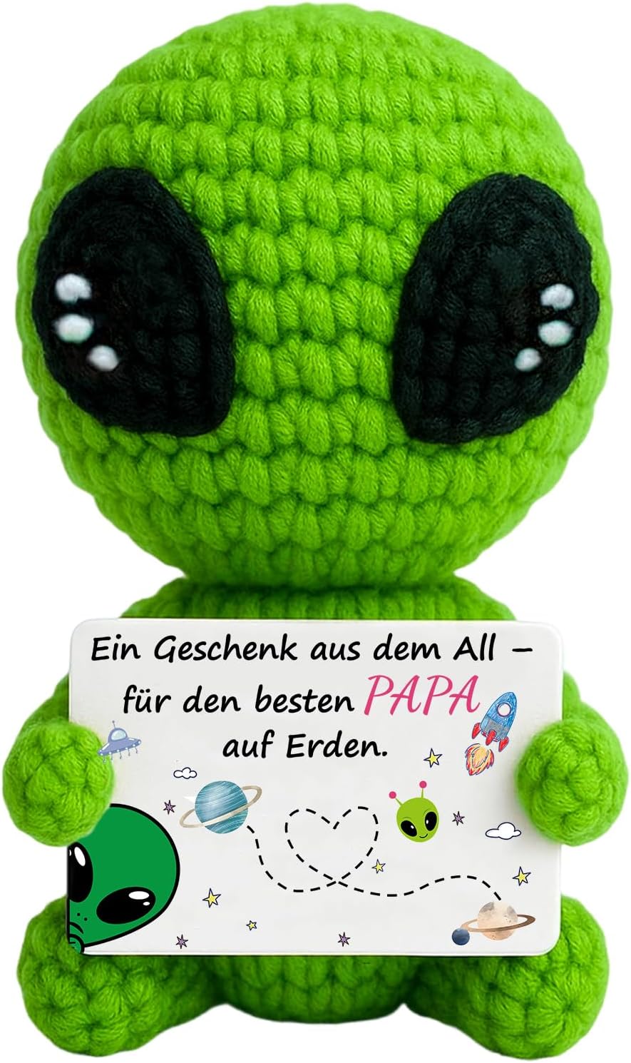Original Dad Gift & Birthday Gift for Dad from Space, Hand Crocheted Green Alien Plush with Card "Besten Papa auf Erden", Funny Father's Day Gift, Cute & Unique